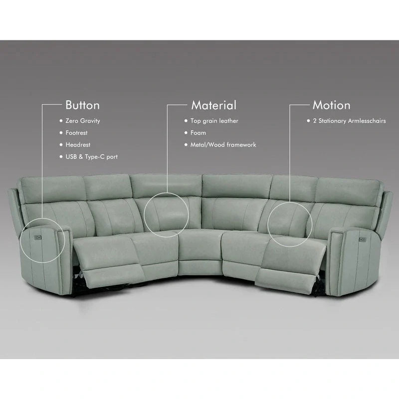 104" 3-Color Genuine Leather Power Reclining Sectional Sofa with Zero Gravity Feature, USB & USB-C Ports, and 2 Stationary Armless Chairs 8