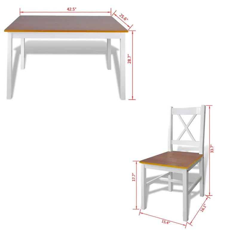 5-Piece Dining Table Set - 43-Inch Rectangular Table with 4 Chairs in Brown and White Wood 5