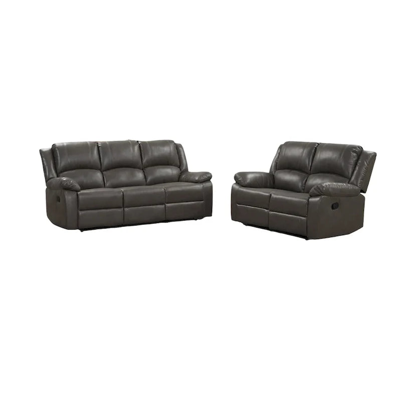 Gray Leather Lizzy Sofa and Loveseat Set with Manual Reclining and Solid Wood Frame 1