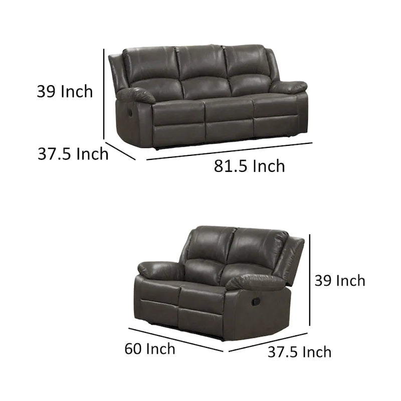 Gray Leather Lizzy Sofa and Loveseat Set with Manual Reclining and Solid Wood Frame 5