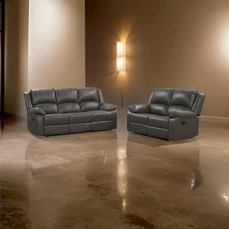Gray Leather Lizzy Sofa and Loveseat Set with Manual Reclining and Solid Wood Frame 6