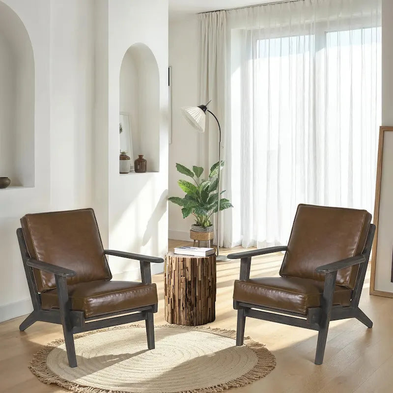 Handcrafted Amber Accent Chair with Slatted Mango Wood, Buffalo Leather Cushions, and Angled Legs 1
