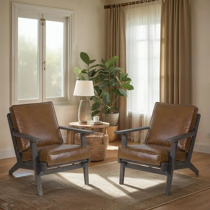 Handcrafted Amber Accent Chair with Slatted Mango Wood, Buffalo Leather Cushions, and Angled Legs 2