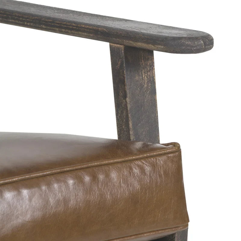 Handcrafted Amber Accent Chair with Slatted Mango Wood, Buffalo Leather Cushions, and Angled Legs 7