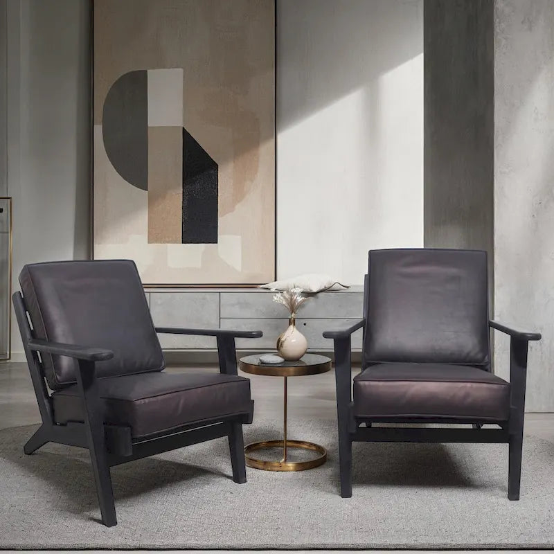 Handcrafted Amber Accent Chair with Slatted Mango Wood, Buffalo Leather Cushions, and Angled Legs 9