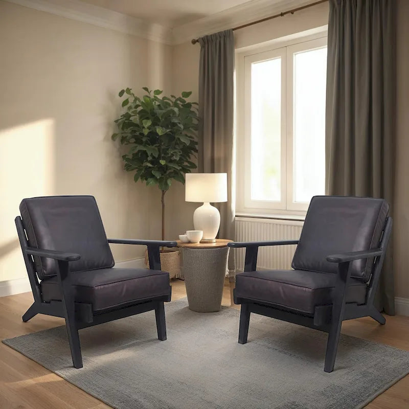 Handcrafted Amber Accent Chair with Slatted Mango Wood, Buffalo Leather Cushions, and Angled Legs 10