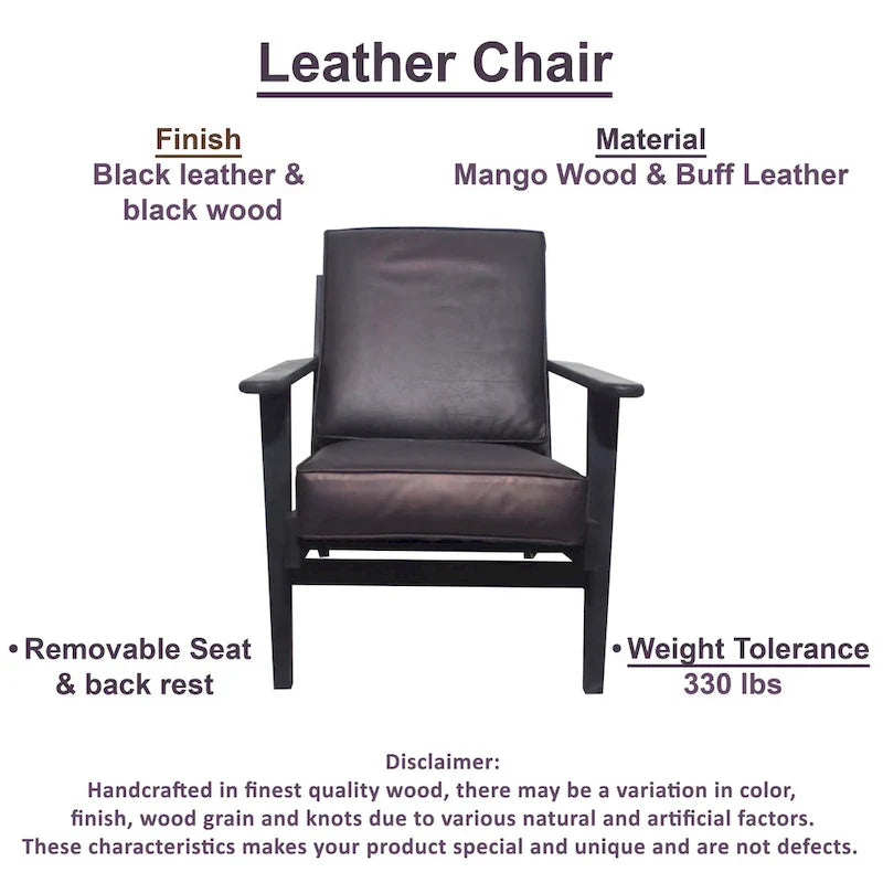 Handcrafted Amber Accent Chair with Slatted Mango Wood, Buffalo Leather Cushions, and Angled Legs 12