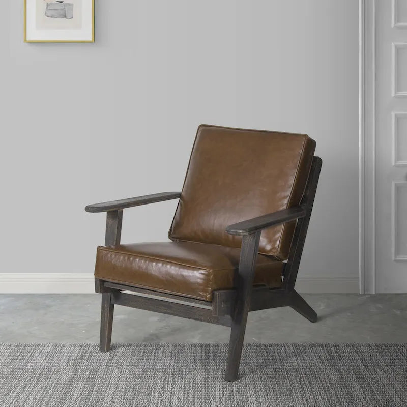 Handcrafted Amber Accent Chair with Slatted Mango Wood, Buffalo Leather Cushions, and Angled Legs 15