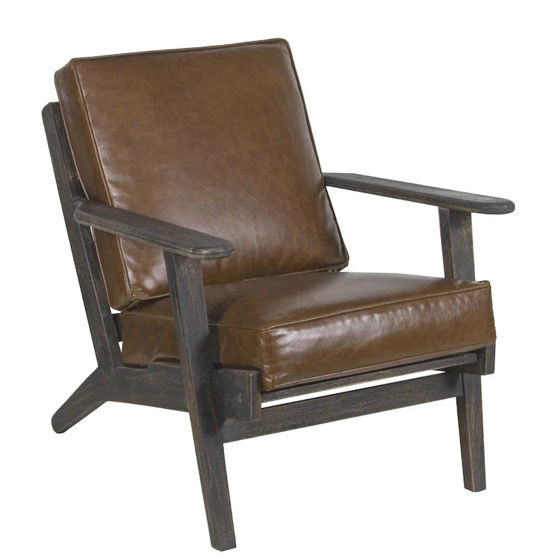Handcrafted Amber Accent Chair with Slatted Mango Wood, Buffalo Leather Cushions, and Angled Legs 16