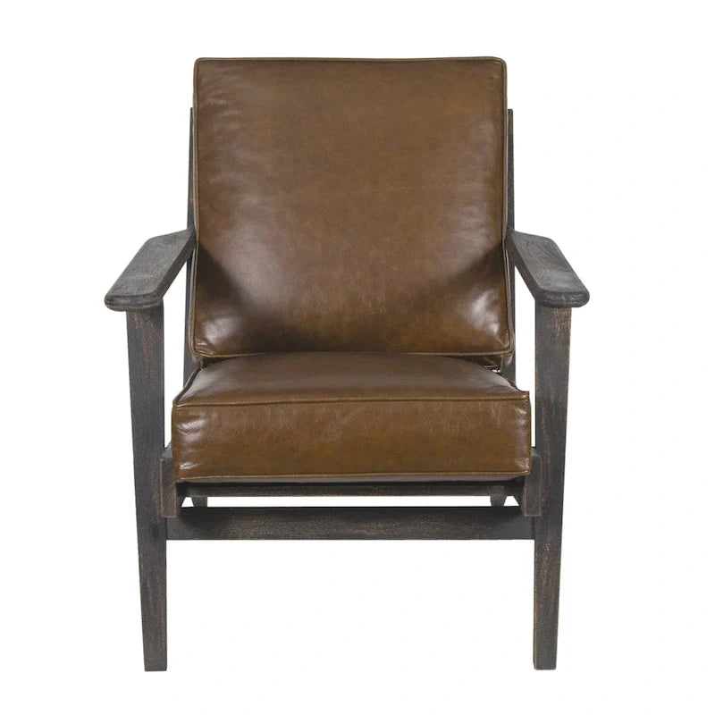 Handcrafted Amber Accent Chair with Slatted Mango Wood, Buffalo Leather Cushions, and Angled Legs 17