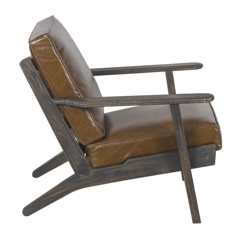 Handcrafted Amber Accent Chair with Slatted Mango Wood, Buffalo Leather Cushions, and Angled Legs 18