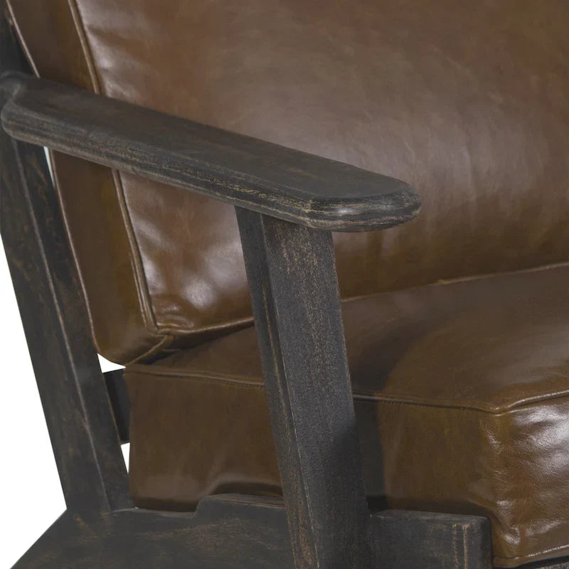 Handcrafted Amber Accent Chair with Slatted Mango Wood, Buffalo Leather Cushions, and Angled Legs 21