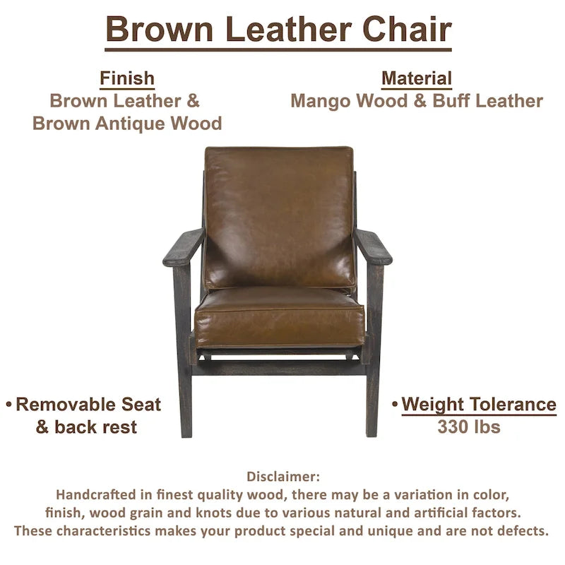 Handcrafted Amber Accent Chair with Slatted Mango Wood, Buffalo Leather Cushions, and Angled Legs 23