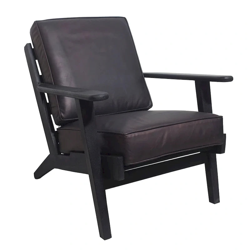 Handcrafted Amber Accent Chair with Slatted Mango Wood, Buffalo Leather Cushions, and Angled Legs 26