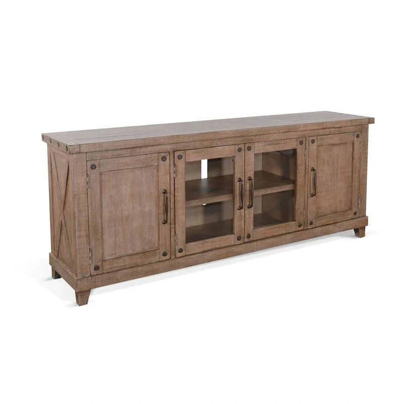 Anva 74-Inch TV Media Console with Shelves and Doors in Light Brown Mahogany 2