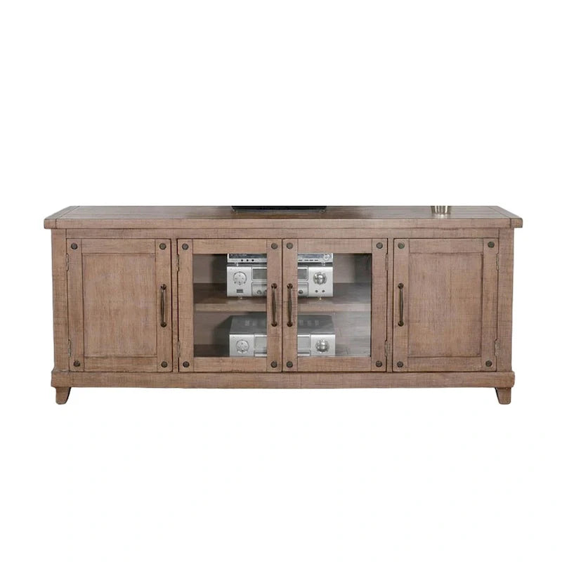 Anva 74-Inch TV Media Console with Shelves and Doors in Light Brown Mahogany 3