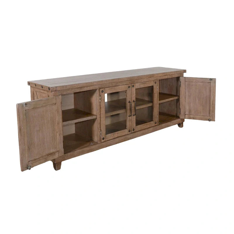 Anva 74-Inch TV Media Console with Shelves and Doors in Light Brown Mahogany 4