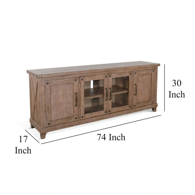 Anva 74-Inch TV Media Console with Shelves and Doors in Light Brown Mahogany 6