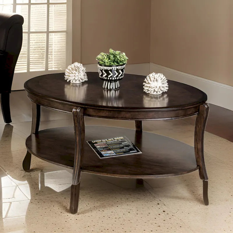 Orio 49-Inch Oval Brown Wood Coffee Table with Open Shelves 1