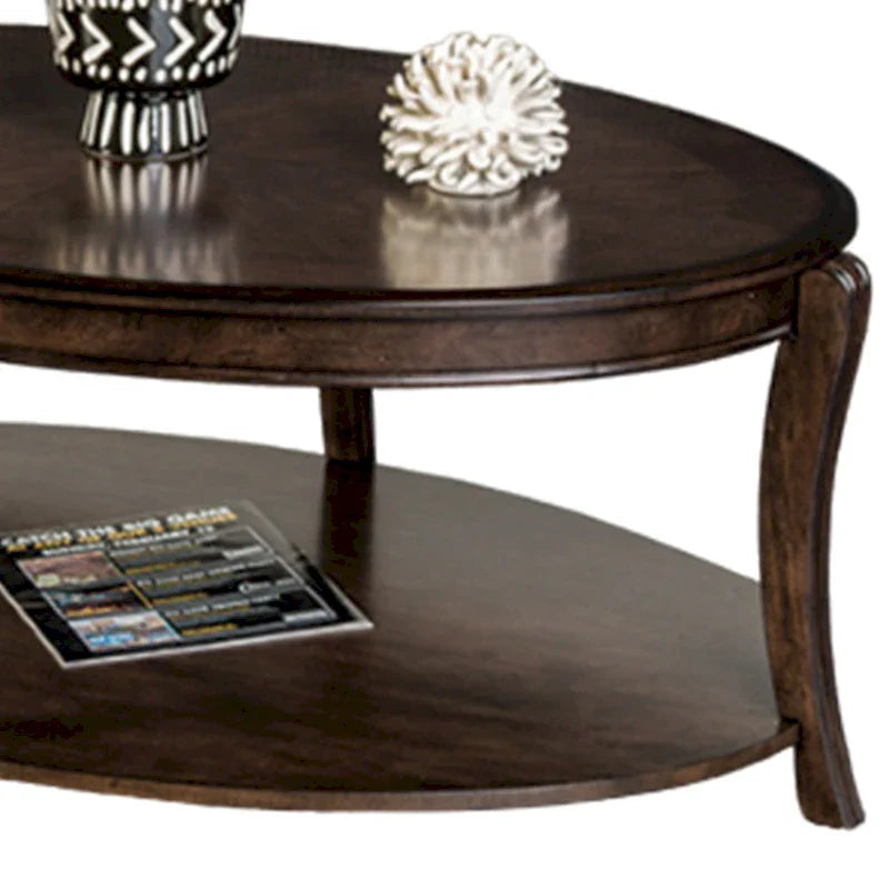 Orio 49-Inch Oval Brown Wood Coffee Table with Open Shelves 3