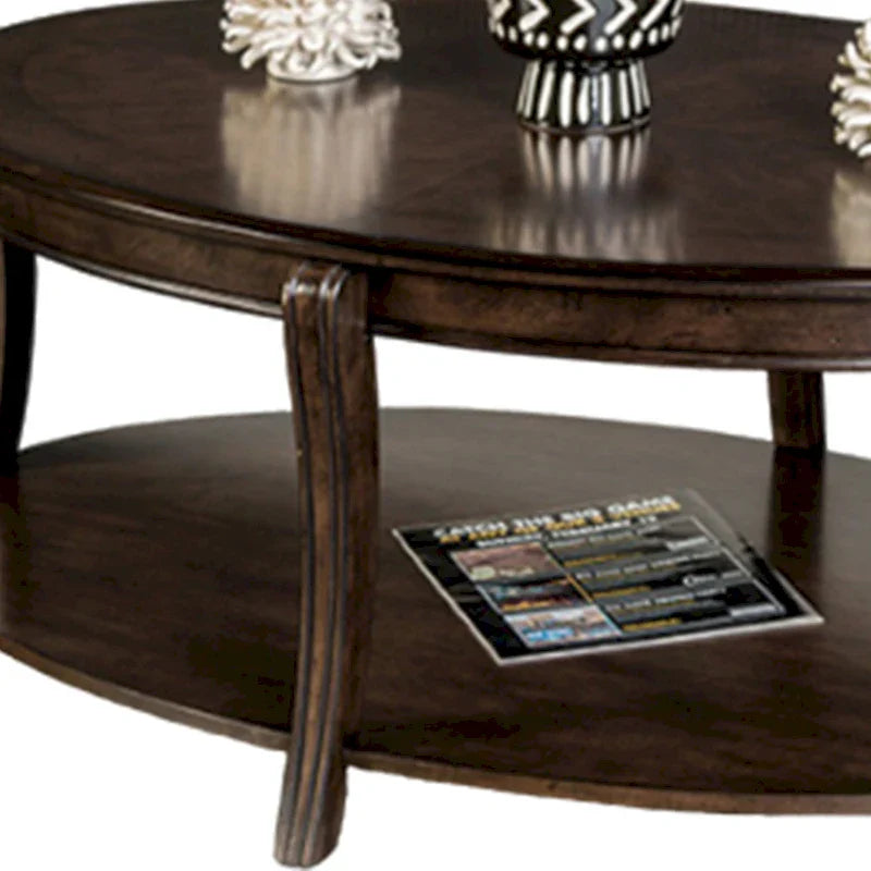 Orio 49-Inch Oval Brown Wood Coffee Table with Open Shelves 4