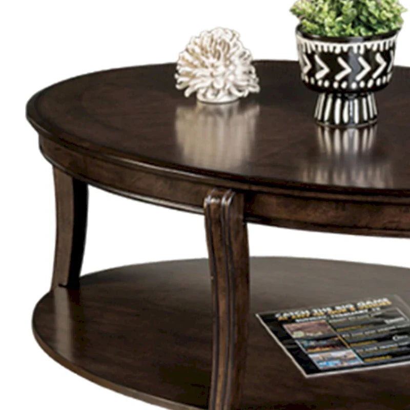 Orio 49-Inch Oval Brown Wood Coffee Table with Open Shelves 5