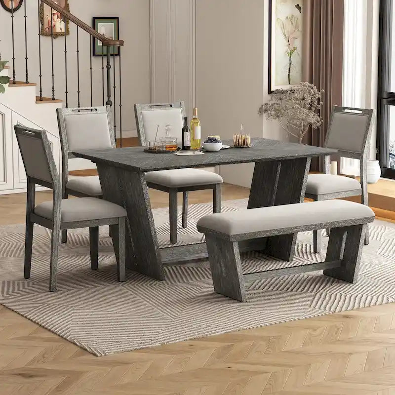 6-Piece Wooden Dining Set: Rectangular Table with 4 Upholstered Chairs and 1 Bench 34