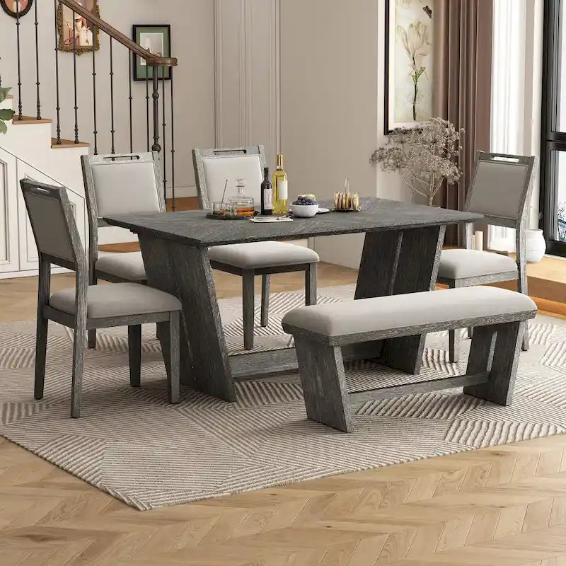 6-Piece Wooden Dining Set: Rectangular Table with 4 Upholstered Chairs and 1 Bench 1