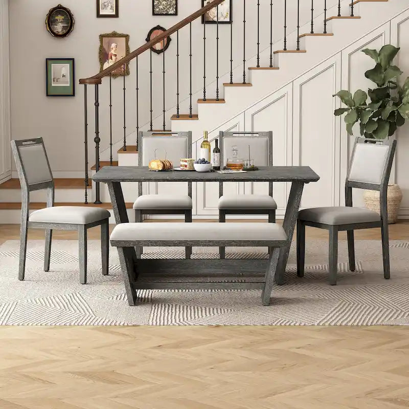 6-Piece Wooden Dining Set: Rectangular Table with 4 Upholstered Chairs and 1 Bench 2