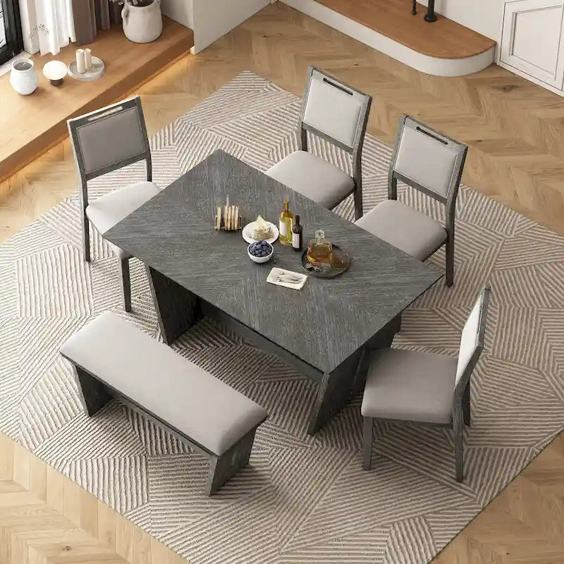6-Piece Wooden Dining Set: Rectangular Table with 4 Upholstered Chairs and 1 Bench 3