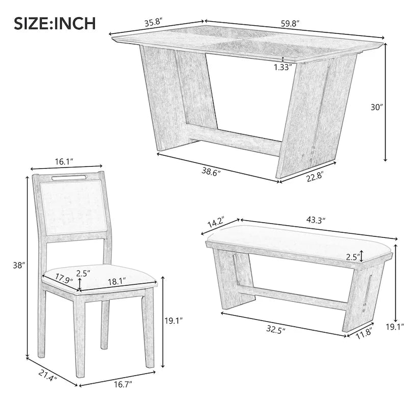 6-Piece Wooden Dining Set: Rectangular Table with 4 Upholstered Chairs and 1 Bench 4