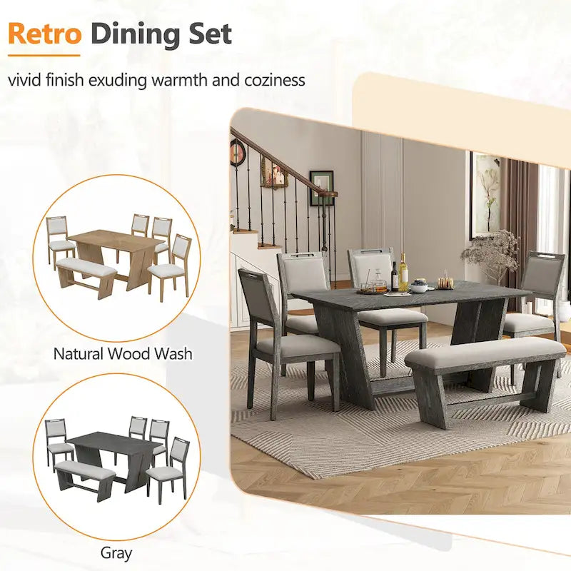 6-Piece Wooden Dining Set: Rectangular Table with 4 Upholstered Chairs and 1 Bench 5