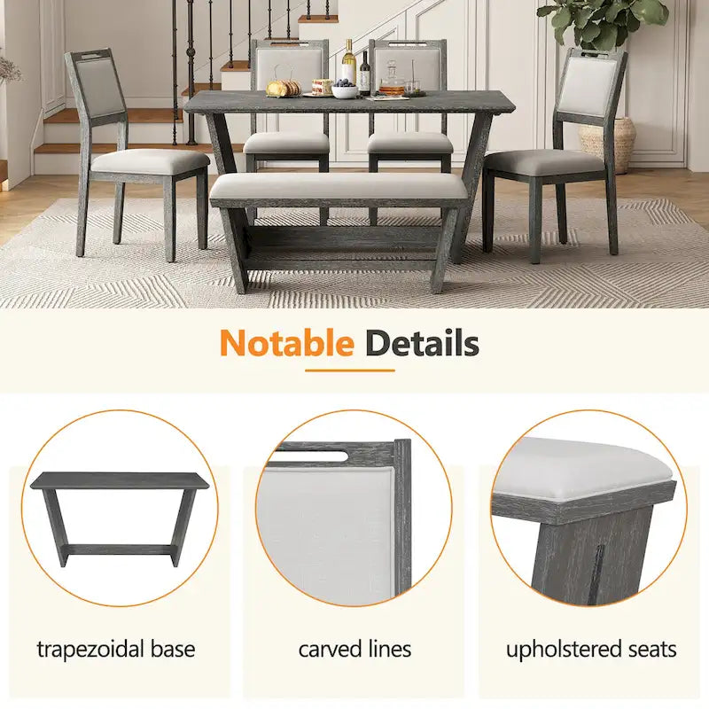 6-Piece Wooden Dining Set: Rectangular Table with 4 Upholstered Chairs and 1 Bench 6