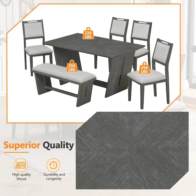 6-Piece Wooden Dining Set: Rectangular Table with 4 Upholstered Chairs and 1 Bench 7