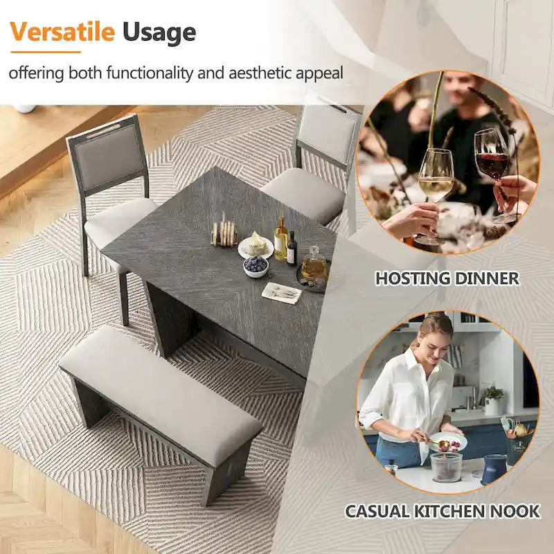 6-Piece Wooden Dining Set: Rectangular Table with 4 Upholstered Chairs and 1 Bench 8