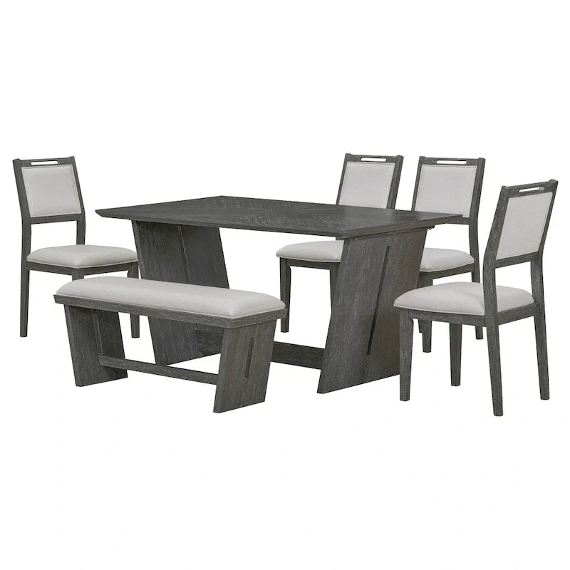 6-Piece Wooden Dining Set: Rectangular Table with 4 Upholstered Chairs and 1 Bench 9