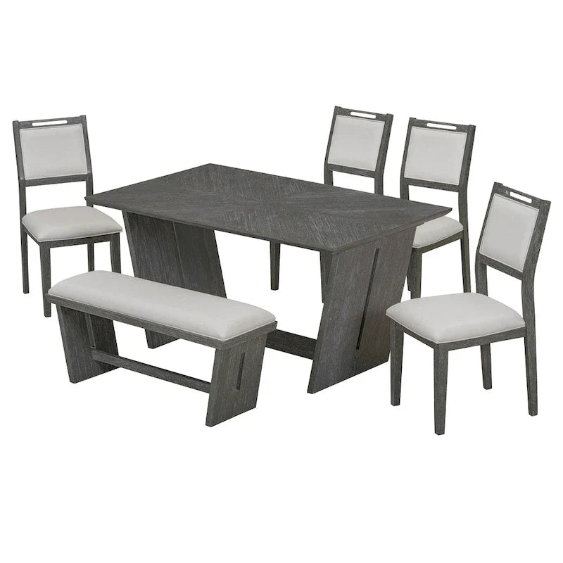 6-Piece Wooden Dining Set: Rectangular Table with 4 Upholstered Chairs and 1 Bench 10
