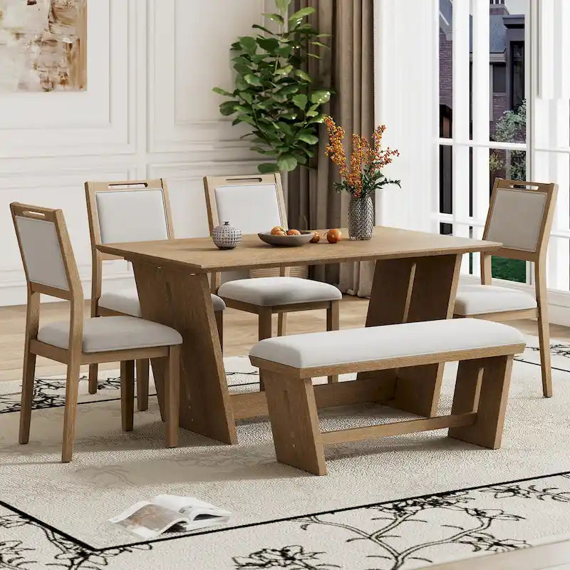 6-Piece Wooden Dining Set: Rectangular Table with 4 Upholstered Chairs and 1 Bench 21