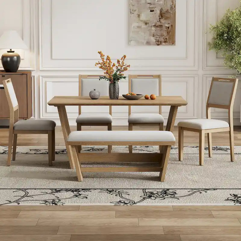 6-Piece Wooden Dining Set: Rectangular Table with 4 Upholstered Chairs and 1 Bench 22
