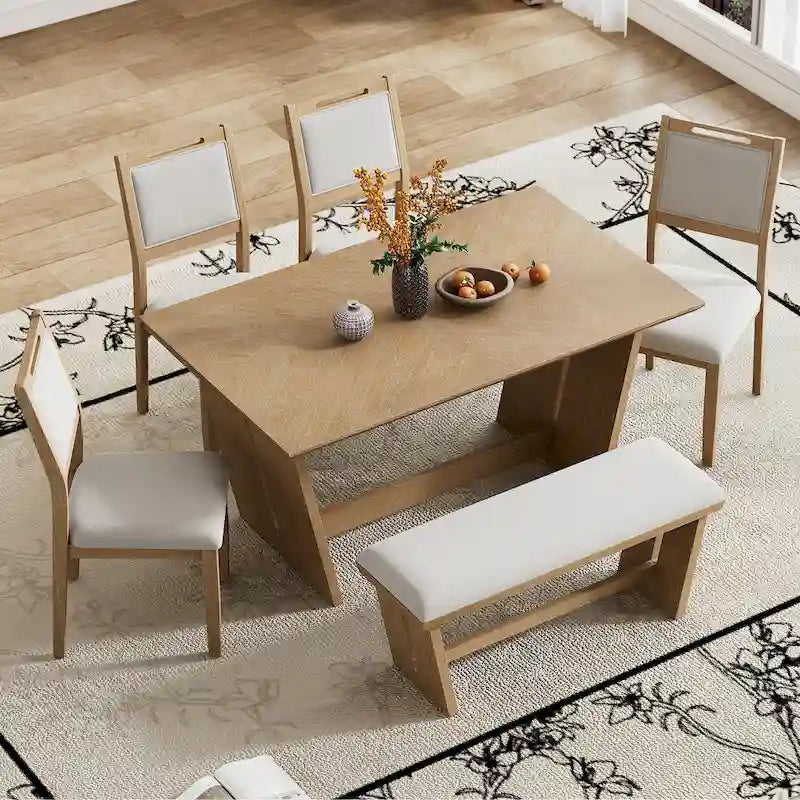 6-Piece Wooden Dining Set: Rectangular Table with 4 Upholstered Chairs and 1 Bench 23