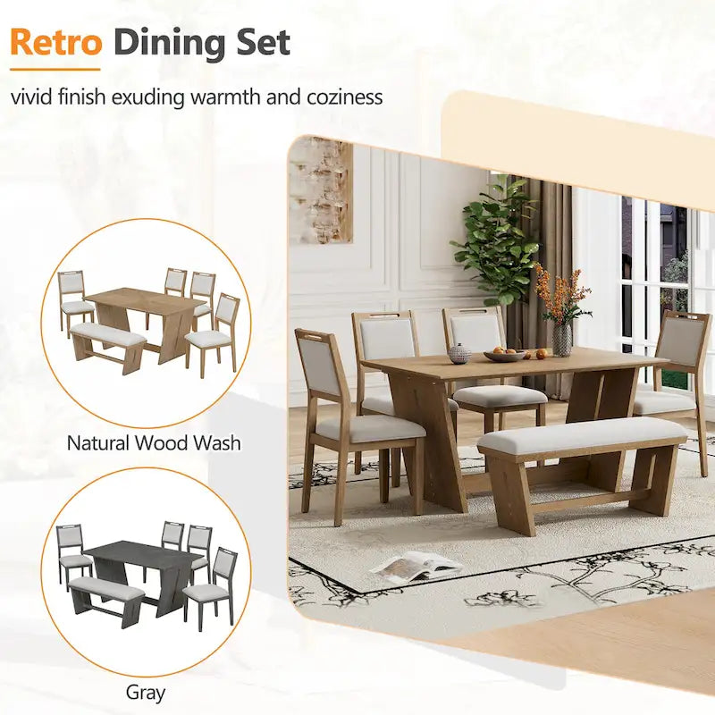 6-Piece Wooden Dining Set: Rectangular Table with 4 Upholstered Chairs and 1 Bench 24
