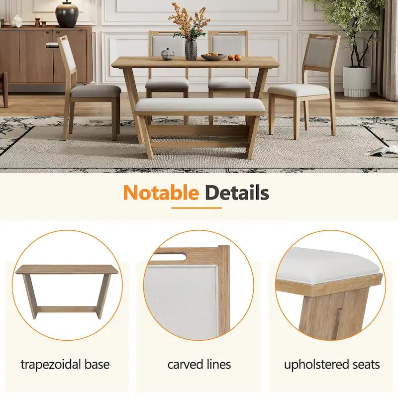 6-Piece Wooden Dining Set: Rectangular Table with 4 Upholstered Chairs and 1 Bench 25