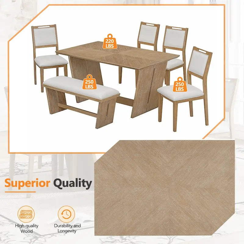 6-Piece Wooden Dining Set: Rectangular Table with 4 Upholstered Chairs and 1 Bench 26