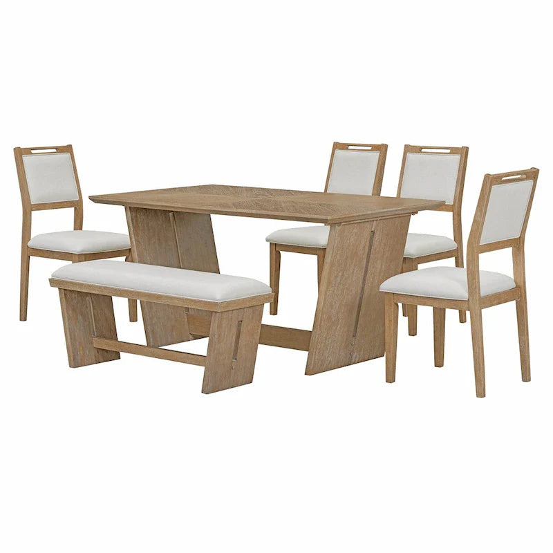 6-Piece Wooden Dining Set: Rectangular Table with 4 Upholstered Chairs and 1 Bench 28