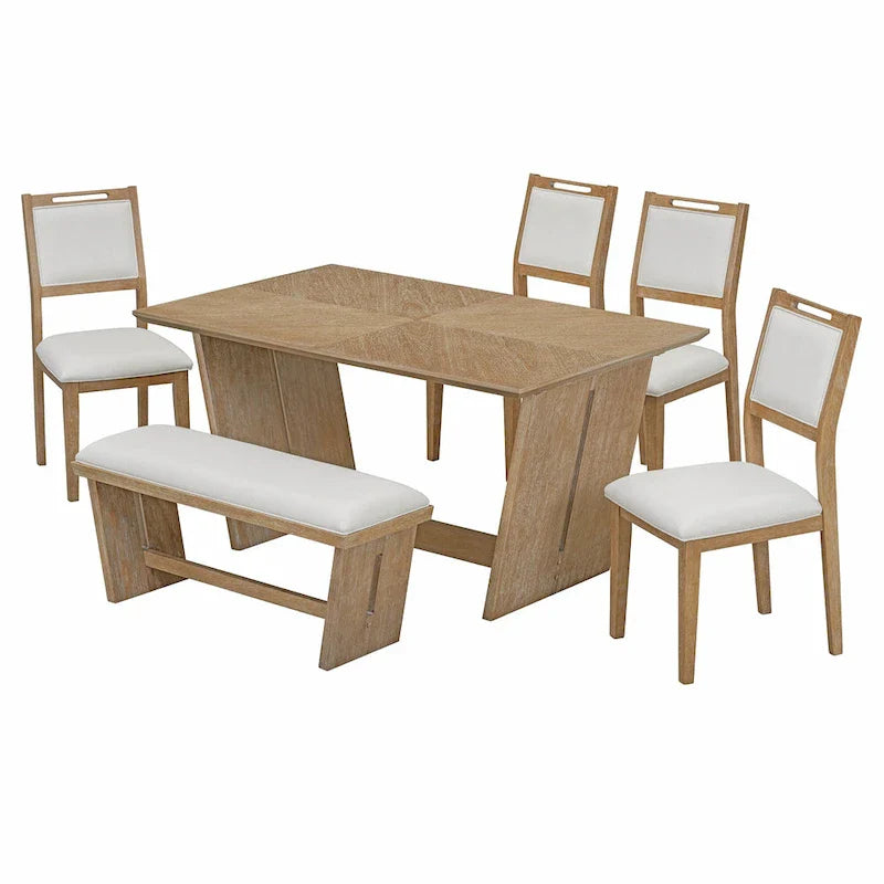 6-Piece Wooden Dining Set: Rectangular Table with 4 Upholstered Chairs and 1 Bench 29