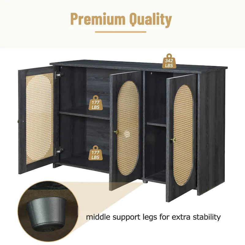 3-Door Buffet Cabinet with Faux Rattan Doors, Shelving, and Metal Handles - Ideal Coffee Bar Sideboard 1