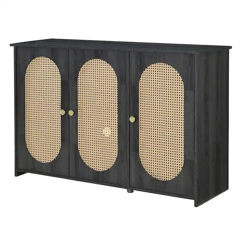 3-Door Buffet Cabinet with Faux Rattan Doors, Shelving, and Metal Handles - Ideal Coffee Bar Sideboard 2