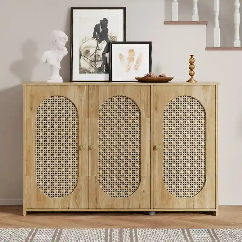 3-Door Buffet Cabinet with Faux Rattan Doors, Shelving, and Metal Handles - Ideal Coffee Bar Sideboard 4