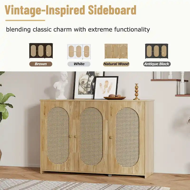 3-Door Buffet Cabinet with Faux Rattan Doors, Shelving, and Metal Handles - Ideal Coffee Bar Sideboard 5