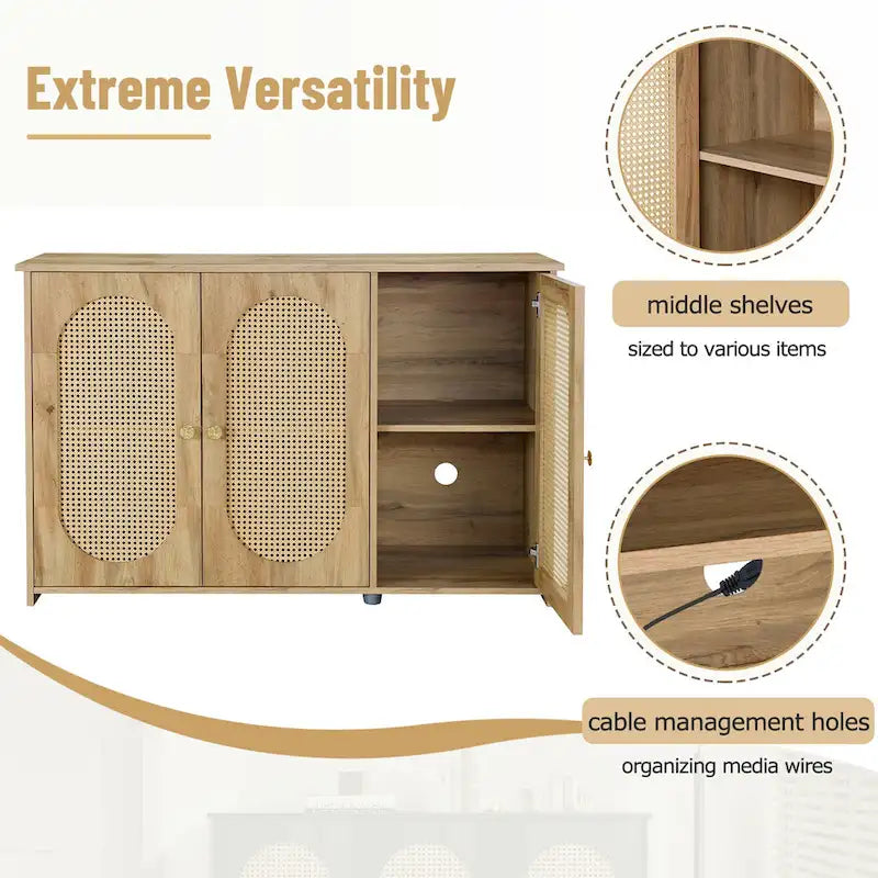 3-Door Buffet Cabinet with Faux Rattan Doors, Shelving, and Metal Handles - Ideal Coffee Bar Sideboard 6